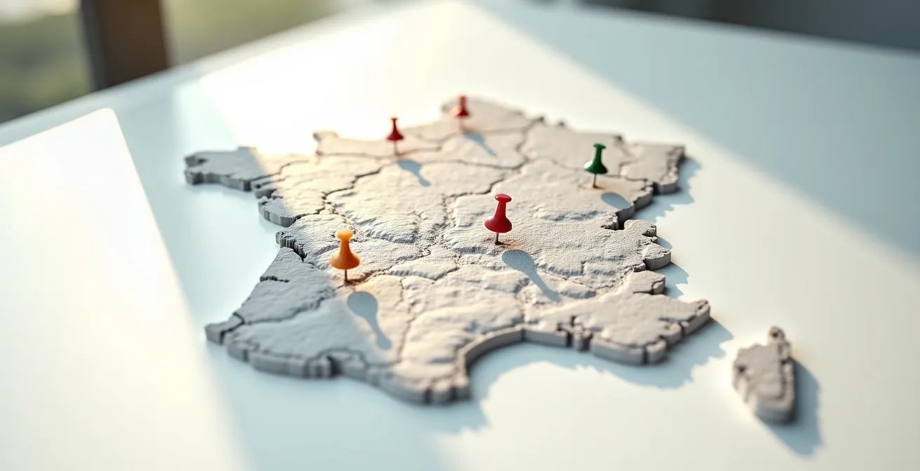 Carte géographique des bassins textiles français avec épingles colorées