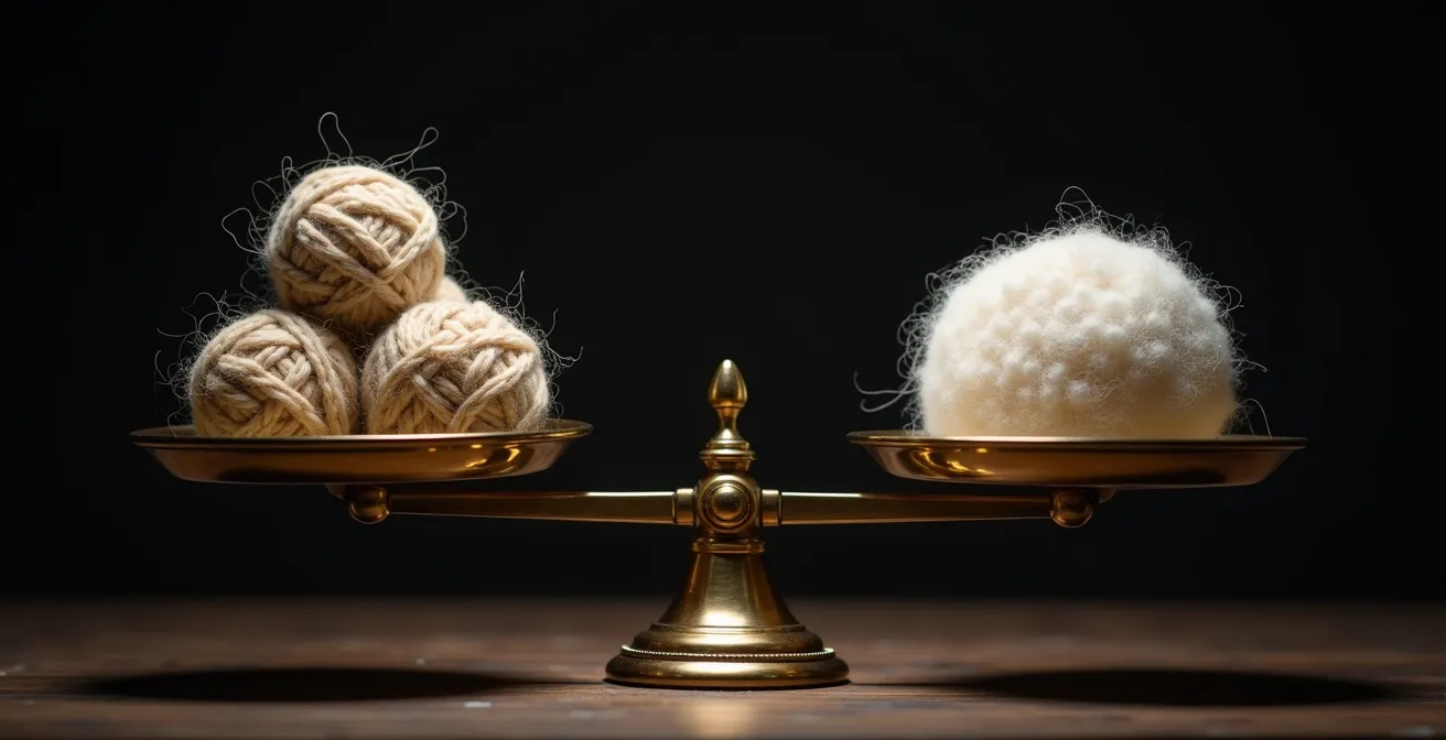 Balance équilibrée avec pelotes de laine naturelle d'un côté et textile synthétique de l'autre