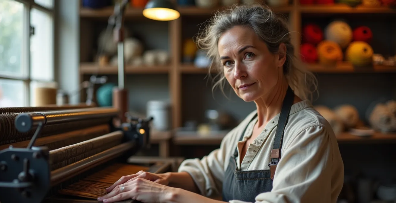 Portrait d'une artisane au travail dans son atelier de tricotage