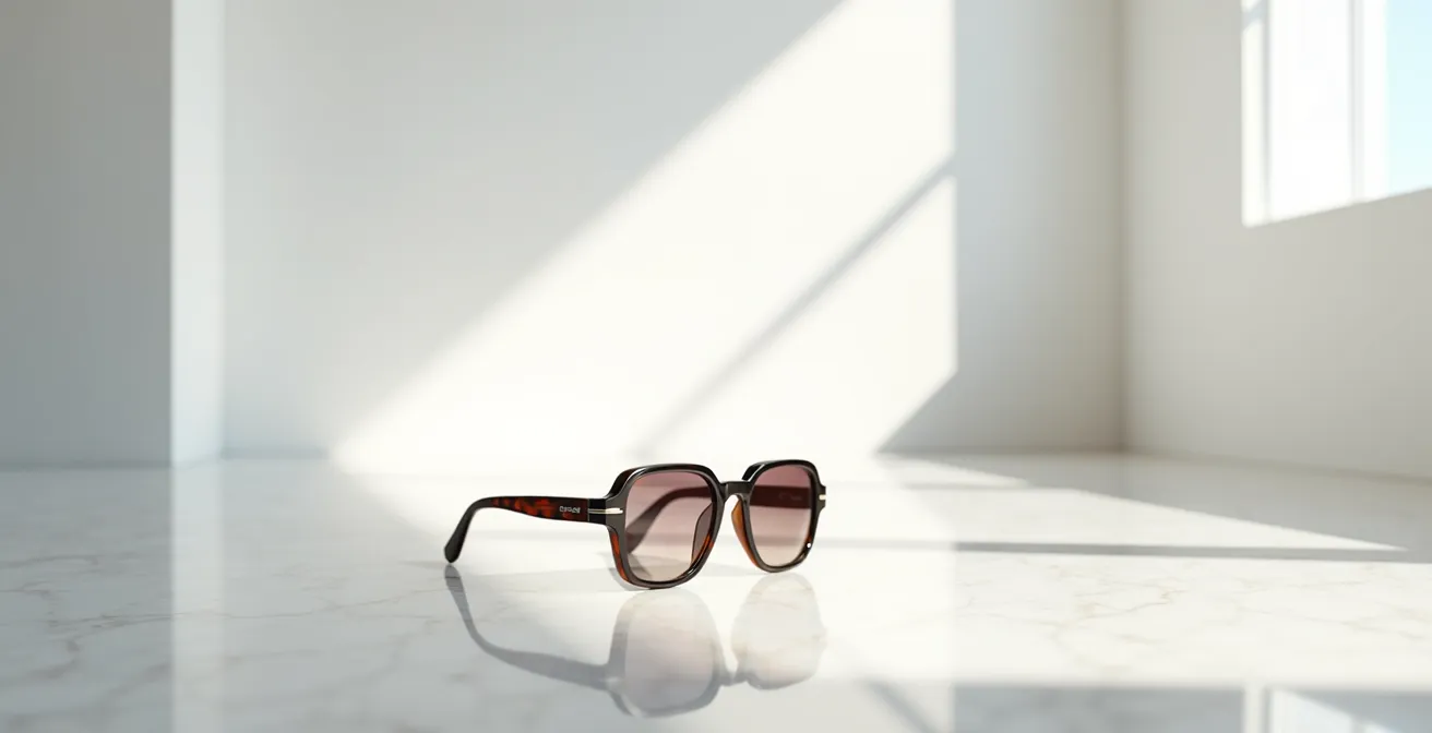 Composition minimaliste avec lunettes dans environnement épuré